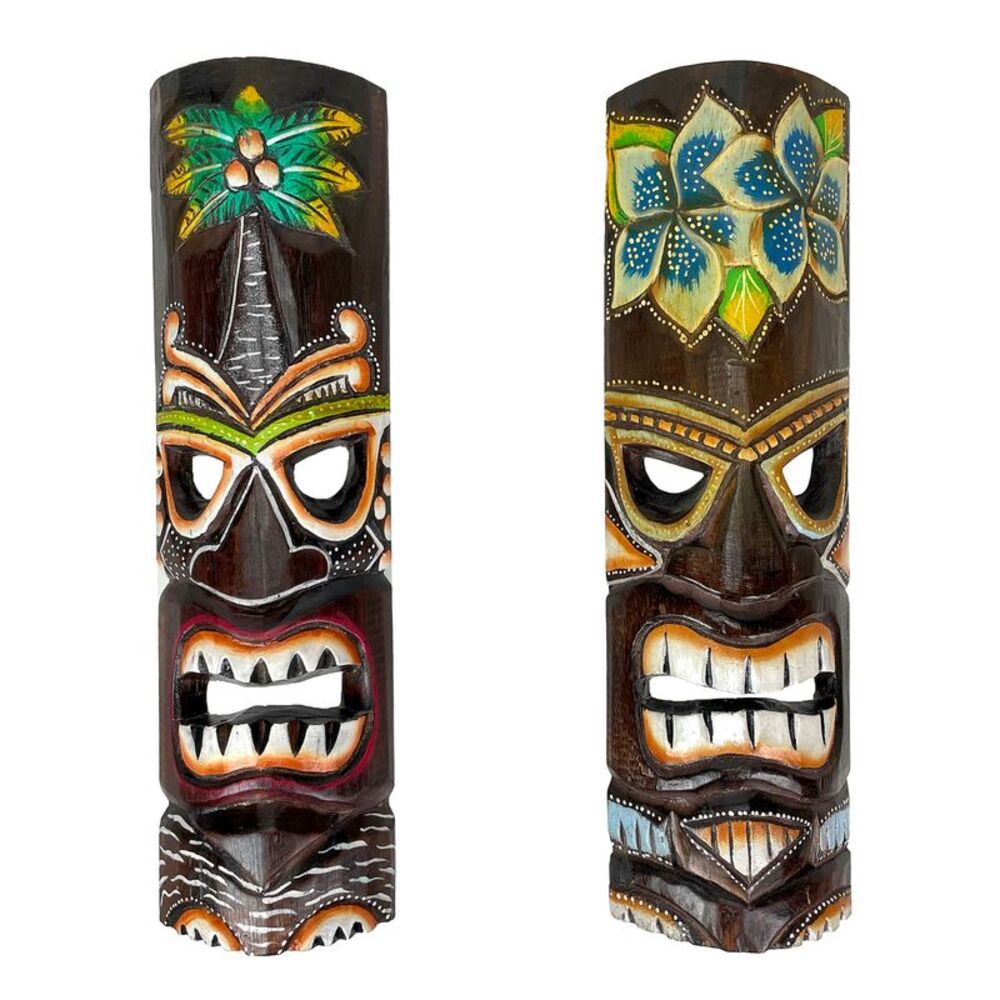 Set of 2 Wooden 20 Inch Tiki Wall Masks Palm Tree and Plumeria Flower Designs